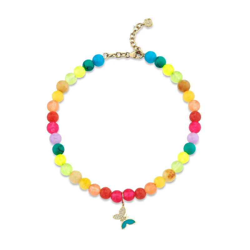 thin bracelet for women-Gold & Diamond Tiny Butterfly Rainbow Jade Anklet