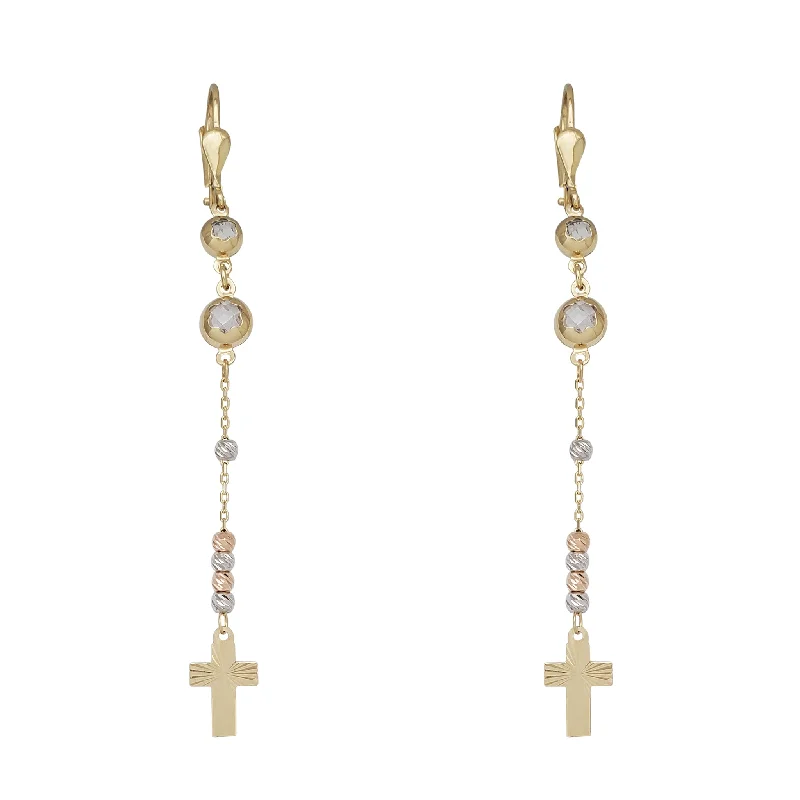 sparkling earrings for women-Tricolor Beads & Cross Dangling Earrings (14K)