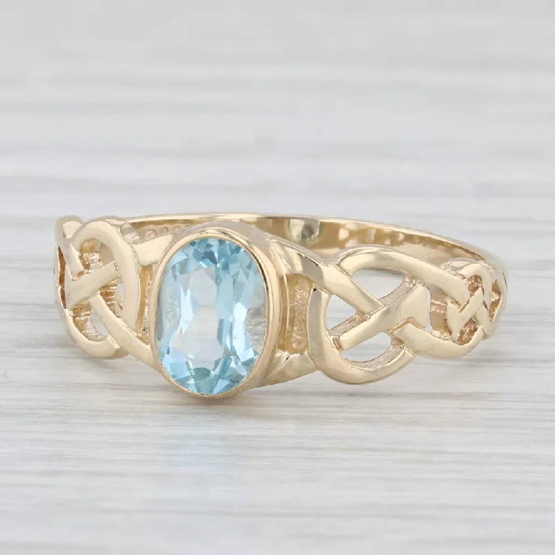 sapphire engagement rings for women-1ct Blue Topaz Knotwork Ring 14k Yellow Gold Size 8.25 Oval Solitaire