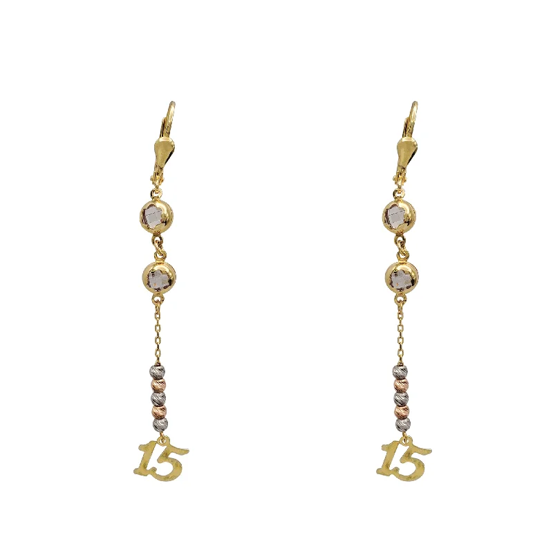 elegant drop earrings for women-Tricolor Quinceañera 15 Years Dangling Earrings (14K)