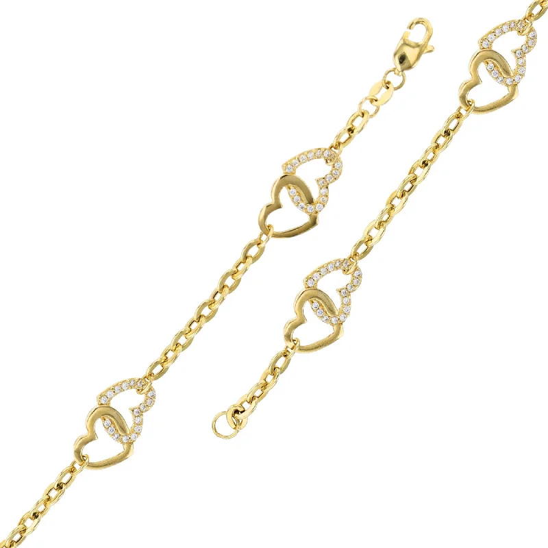 vintage bracelet for women-Zirconia Interlocking Heart Anklet (14K)