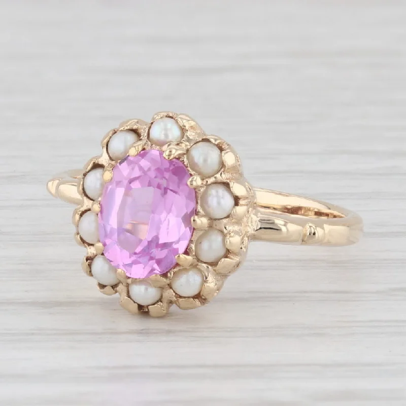 white gold engagement rings for women-1.75ct Lab Created Pink Sapphire Diamond Pearl Ring 10k Yellow Gold Size 6.75