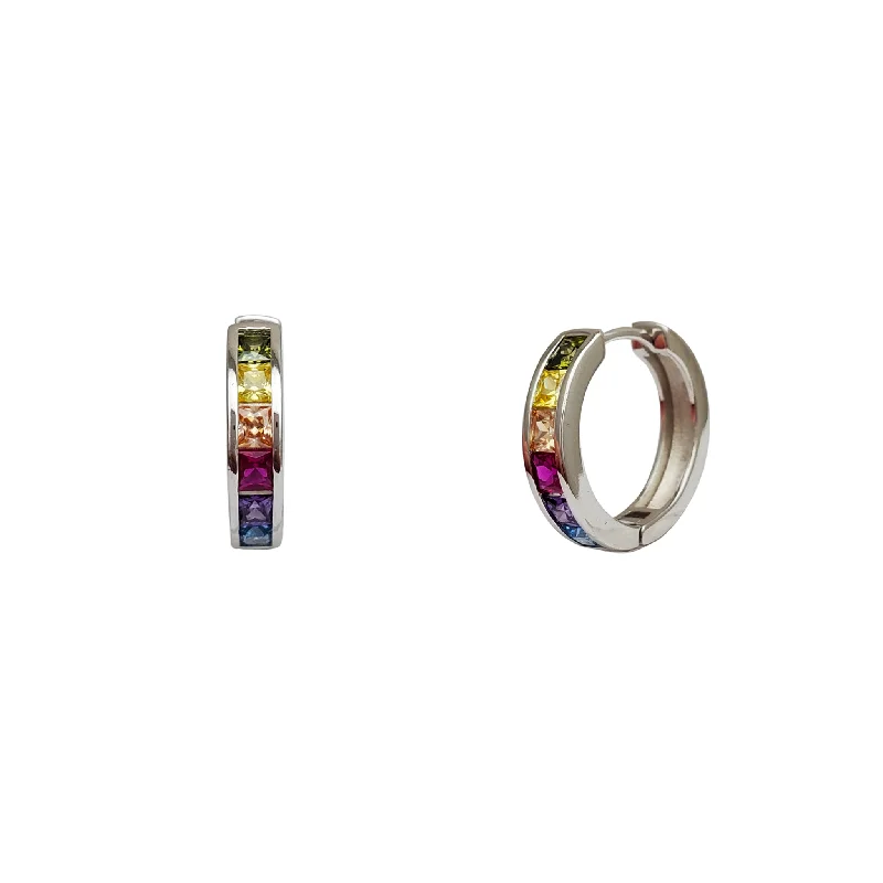 birthstone earrings for women-Zirconia Multicolor Channel-Setting Hoop Earrings (Silver)