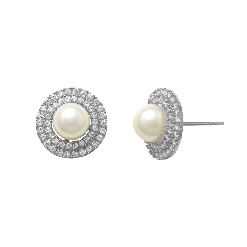 birthstone earrings for women-Zirconia & Pearl Stud Earrings (14K)