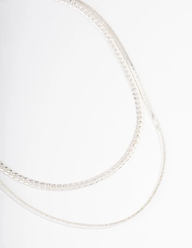 gemstone necklace for women-Silver Plated Herringbone & Snake Chain Layered Necklace