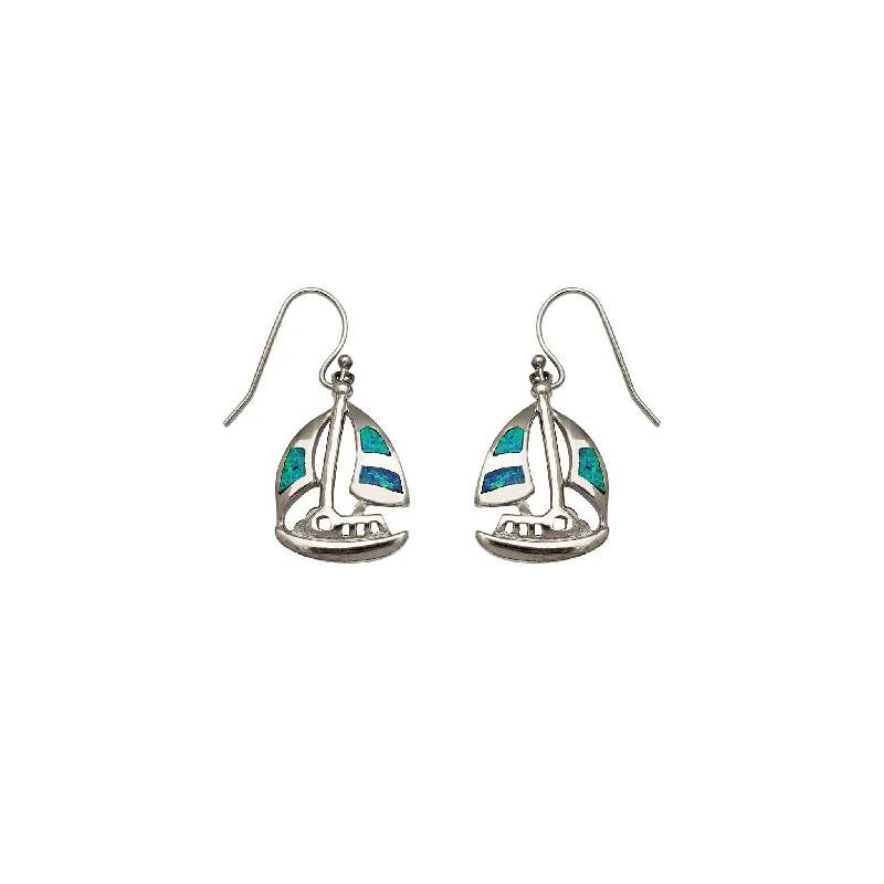 trendy earrings for women-Dangling Opal Sailboat Earrings (Silver)