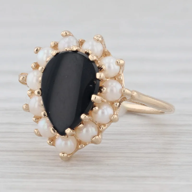 modern engagement rings for women-Pear Onyx Pearl Halo Ring 14k Yellow Gold Size 5.5