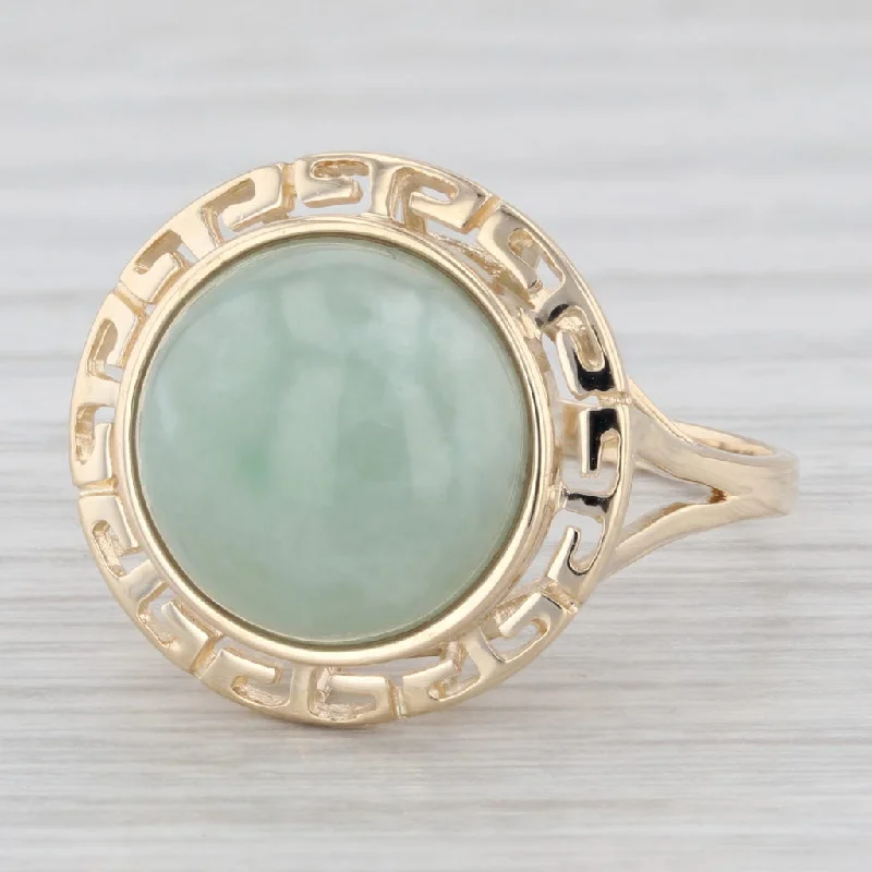 rose gold engagement rings for women-Jadeite Jade Cabochon Solitaire Ring 14k Yellow Gold Size 8.25 Greek Key Frame