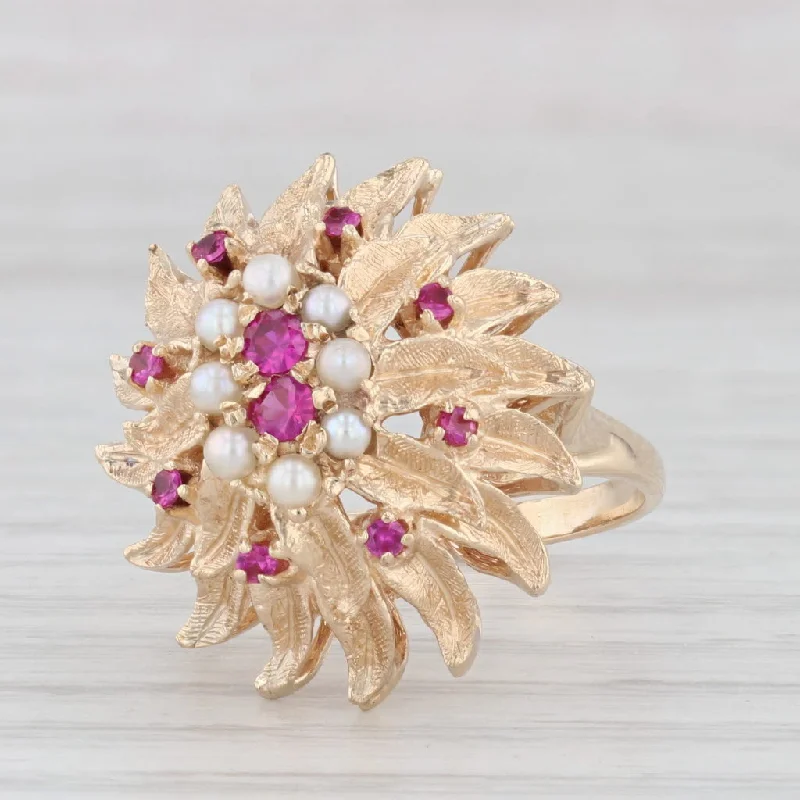 gemstone engagement rings for women-Vintage Cultured Pearl Lab Created Ruby Flower Ring 14k Yellow Gold Cocktail