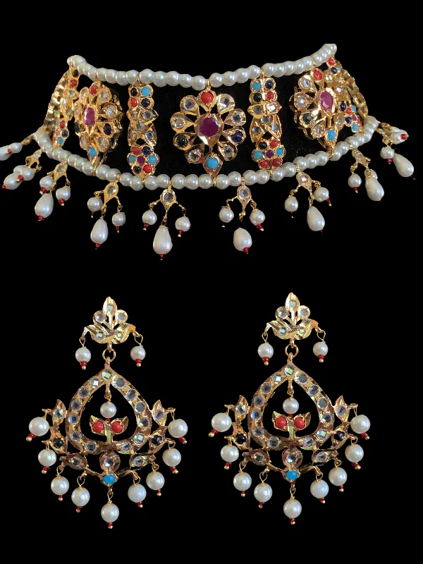 moon earrings for women-C2 Himah navratan  choker with earrings ( SHIPS IN 4 WEEKS  )