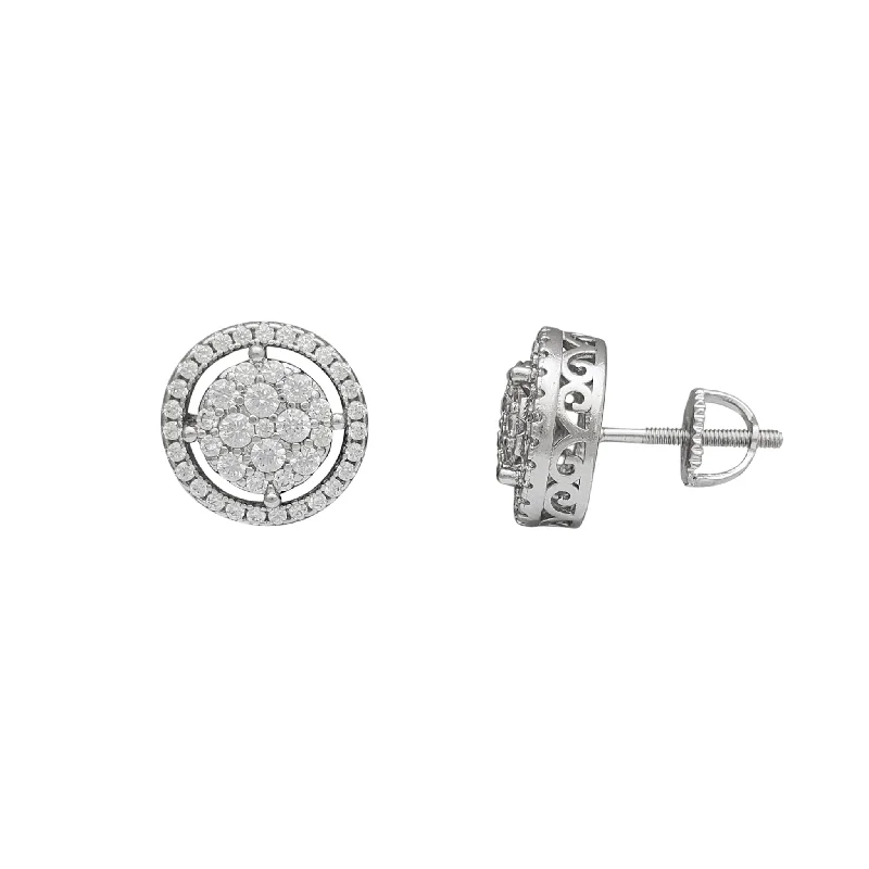 turquoise earrings for women-Zirconia Pave Round Stud Earrings (Silver)