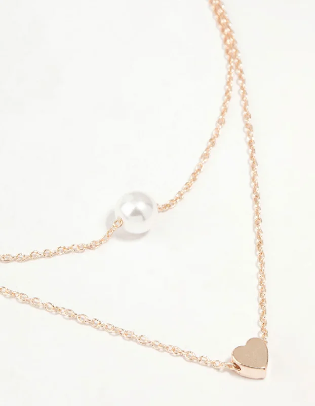 statement pendant necklace for women-Rose Gold Pearl Heart Layered Necklace