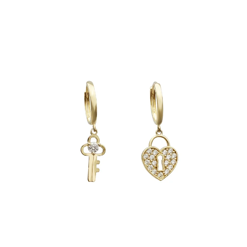 multi-stone earrings for women-Hanging Key & Lock Huggie CZ Earrings (14K)