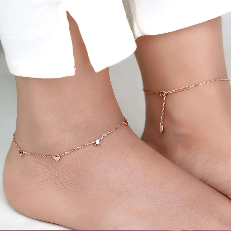 luxury bracelet for women-Rose Gold Heart Valentine Charms Anklet