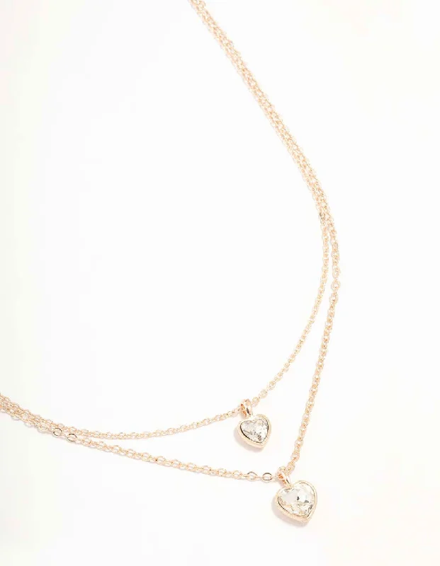 intricate design necklace for women-Rose Gold Diamante Heart Layered Necklace