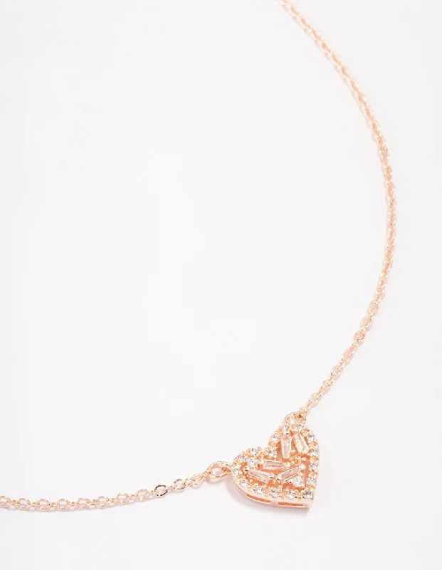 infinity chain necklace for women-Rose Gold Plated Cubic Zirconia Baguette Heart Pendant Necklace