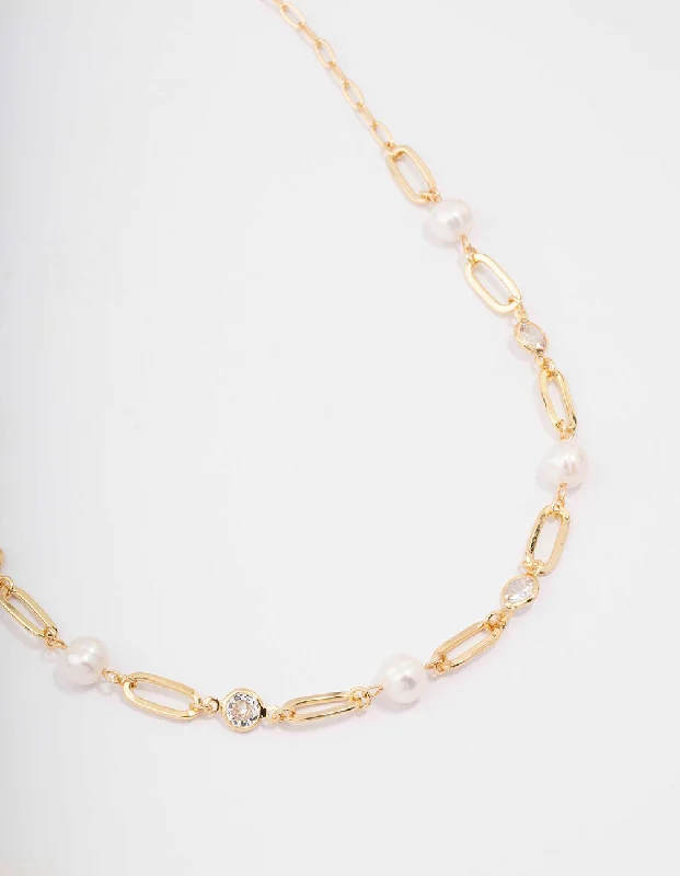 round necklace for women-Gold Plated Alternating Cubic Zirconia & Pearl Link Short Necklace