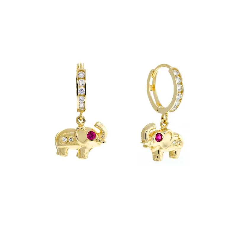 gold chandelier earrings for women-Zirconia Red-Eyes Elephant Hanging Huggie Earrings (14K)