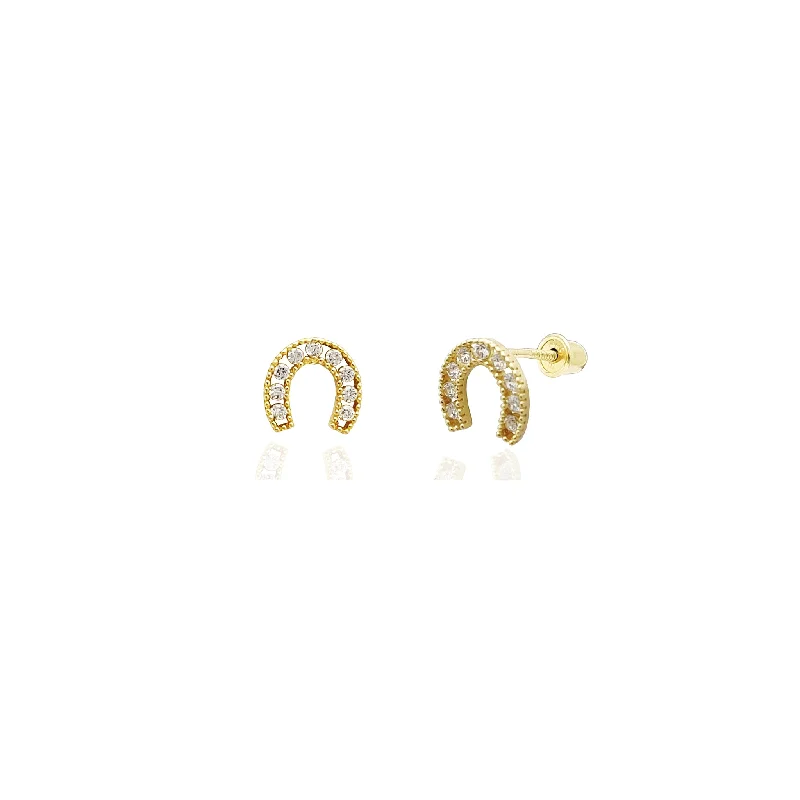 designer hoop earrings for women-Mini Horseshoe Stud CZ Earrings (14K)