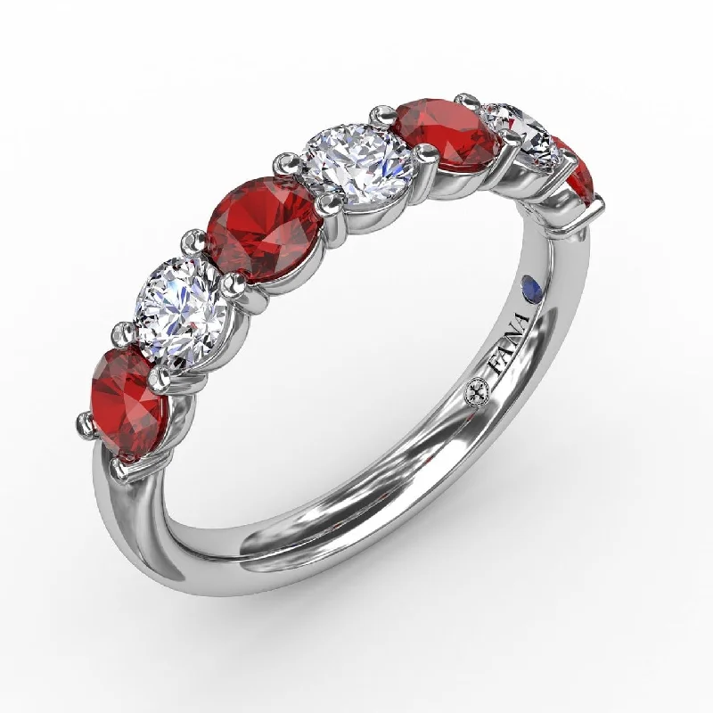 simple engagement rings for women-Ruby and Diamond Shared Prong Anniversary Band