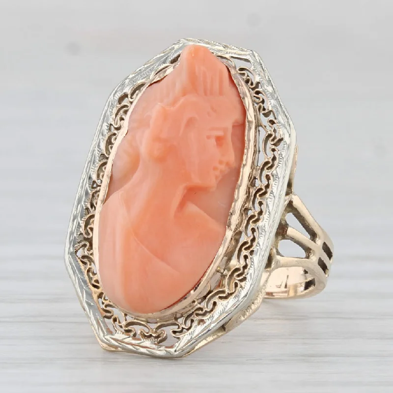 big diamond engagement rings for women-Vintage Coral Cameo Ring 12k Yellow Gold Size 7 Filigree