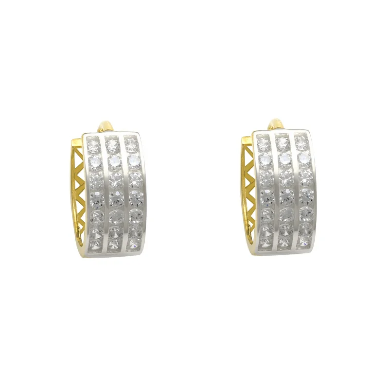 opal earrings for women-Zirconia 3-Row Huggie Earrings (14K)