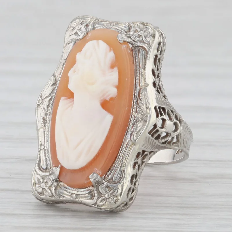 halo sapphire engagement rings for women-Vintage 14K White Gold Carved Shell Cameo Filigree Size 3.5 Ring