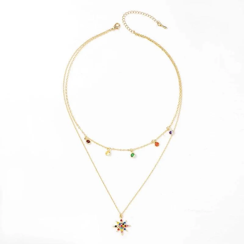 fashion necklace for women-Star Necklace Layered with Rainbow Cubic Zirconia Stones