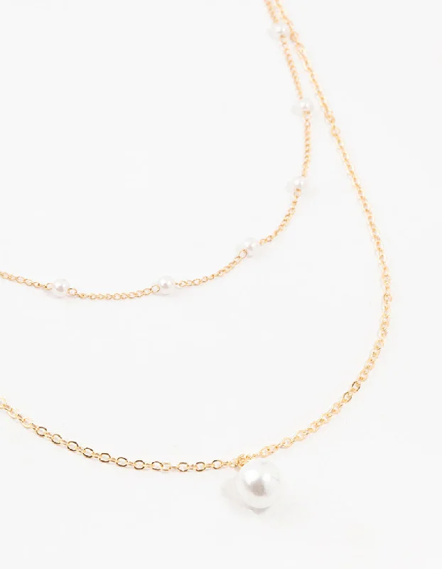 luxury diamond necklace for women-Gold Station Pearl Pendant Layered Necklace