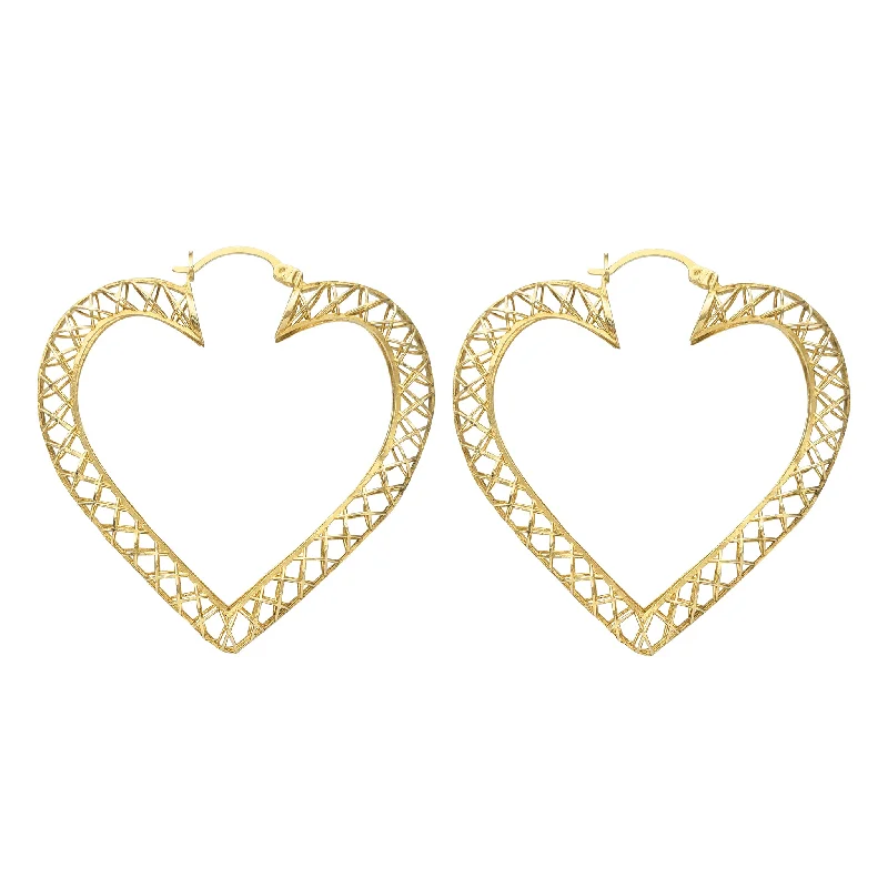 rose gold earrings for women-Hollow Mesh Textured Heart Hoop Earrings (14K)