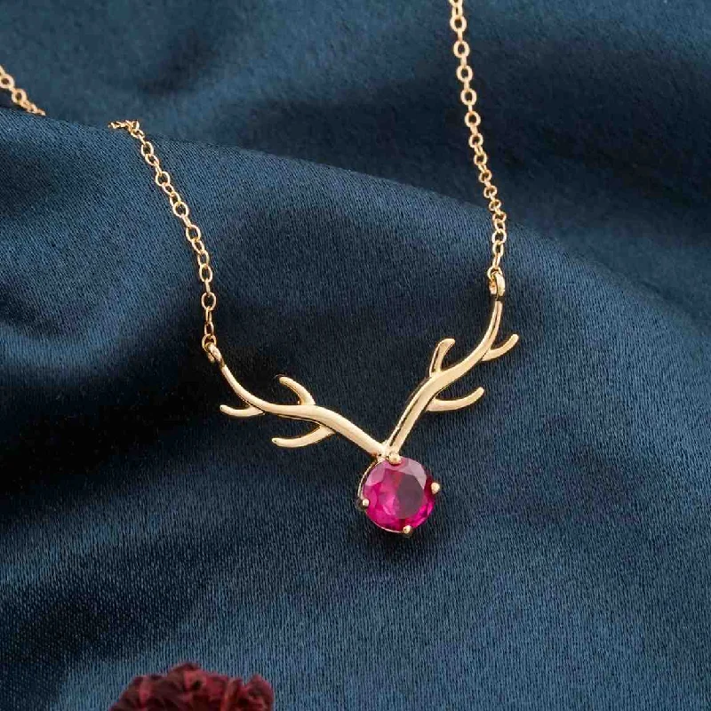 boho necklace for women-Golden Deer Theme Round Pink Sapphire Necklace