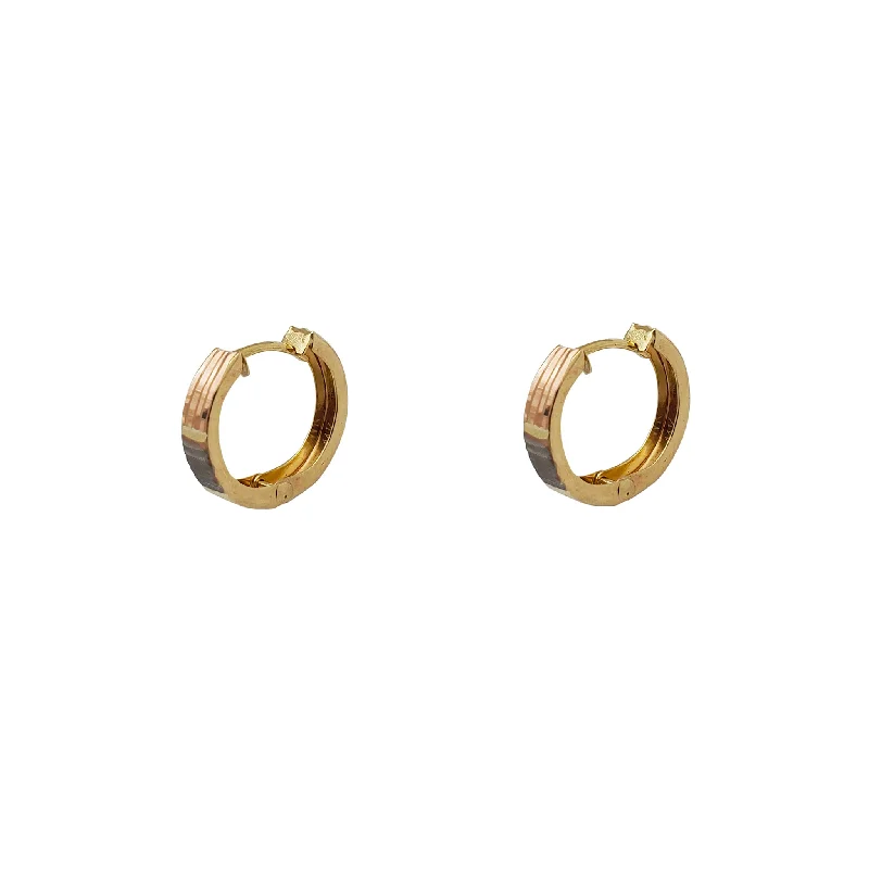 rose gold earrings for women-Tricolor Diamond-cuts Huggie Earrings (14K)