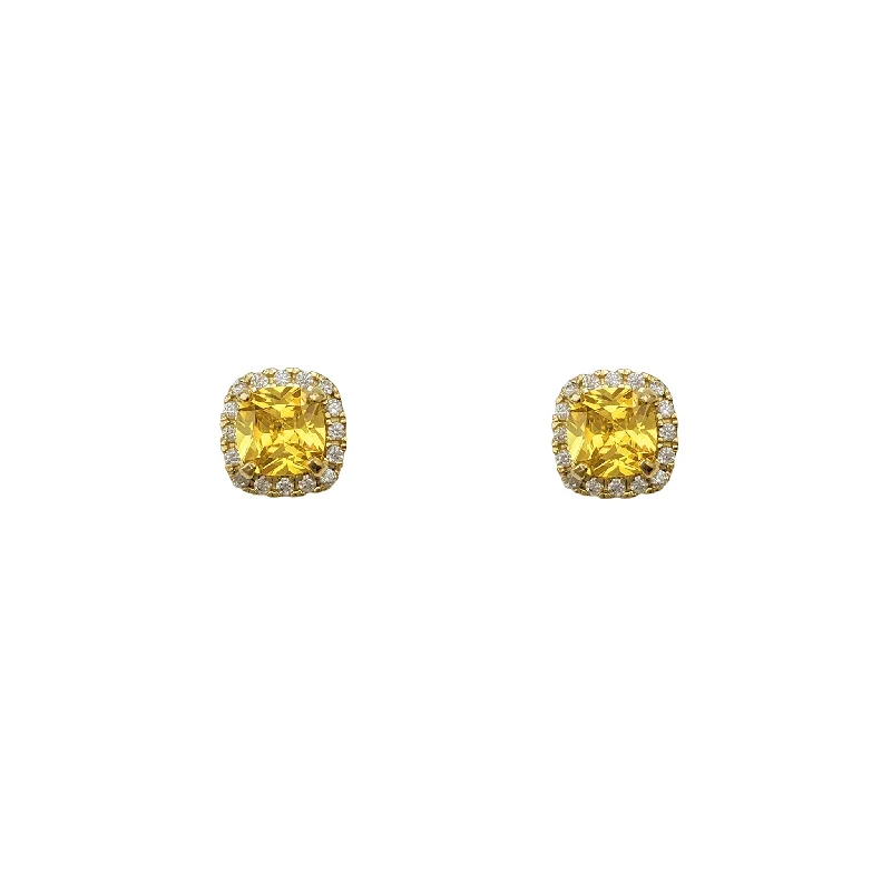 drop earrings for women-Zirconia Halo Cushion Shape Stud Earrings (14K)