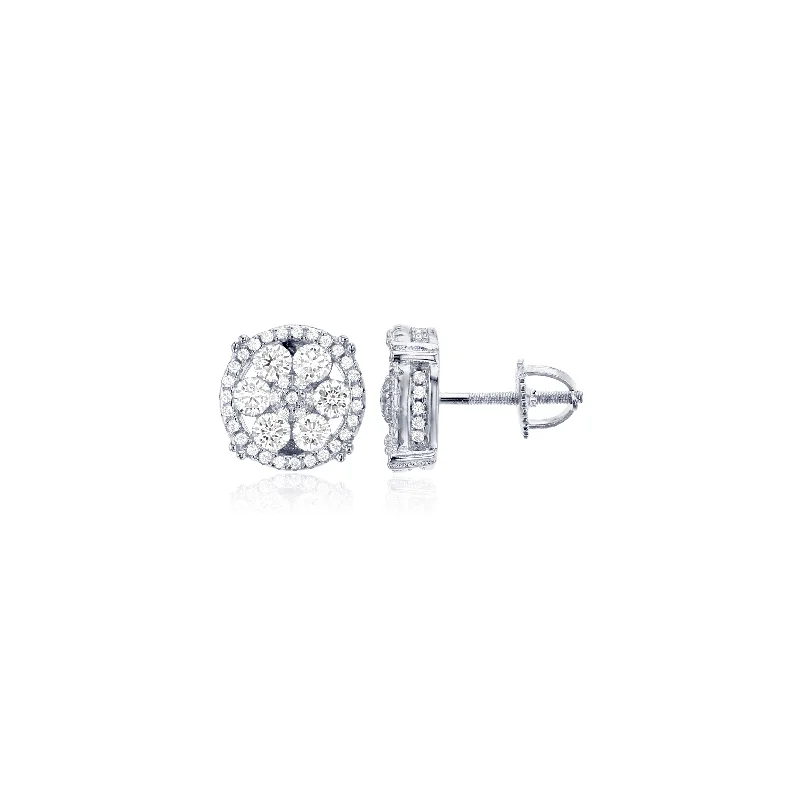 luxurious earrings for women-Micropave Flower Screw-Back Stud Earring (Silver)