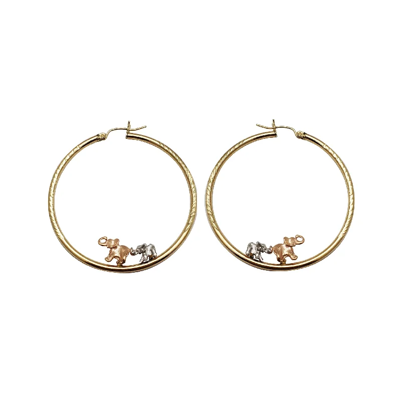 luxury gemstone earrings for women-Tri-Color Mother & Baby Elephant Hoop Earrings (14K)