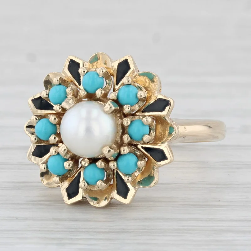 diamond engagement rings for women-Vintage Cultured Pearl Turquoise Cluster Flower Ring 14k Yellow Gold Size 6.75