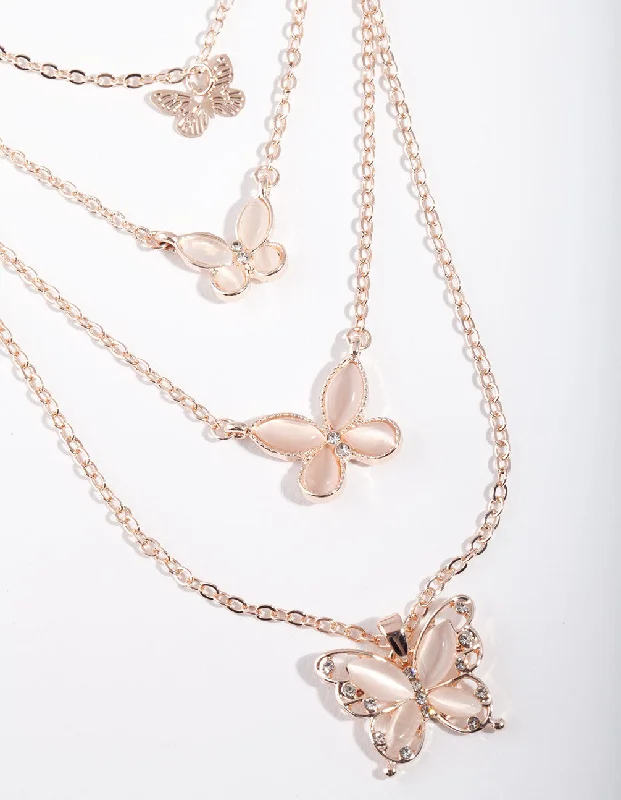 pearl necklace for women-Rose Gold Bead & Butterfly Layered Necklace