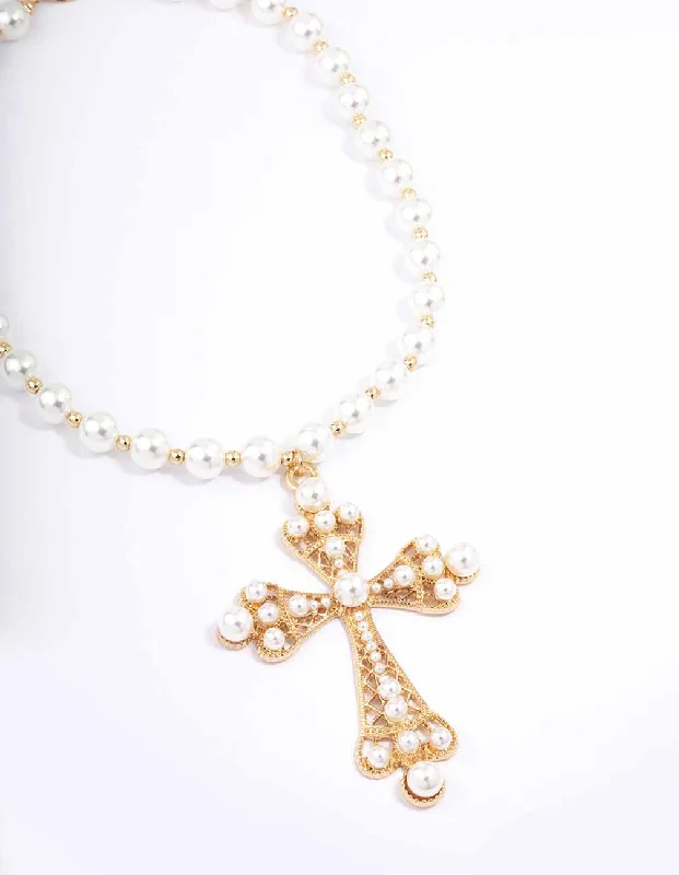 crystal pendant necklace for women-Gold Pearl Large Cross Pendant Necklace