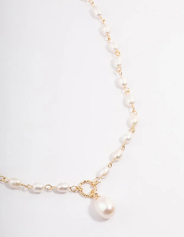 luxury diamond necklace for women-Gold Plated Freshwater Pearl Station Drop Necklace