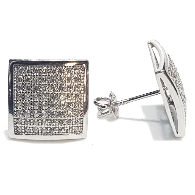 silver drop earrings for women-Micropavé Square Stud Silver CZ (Pair)