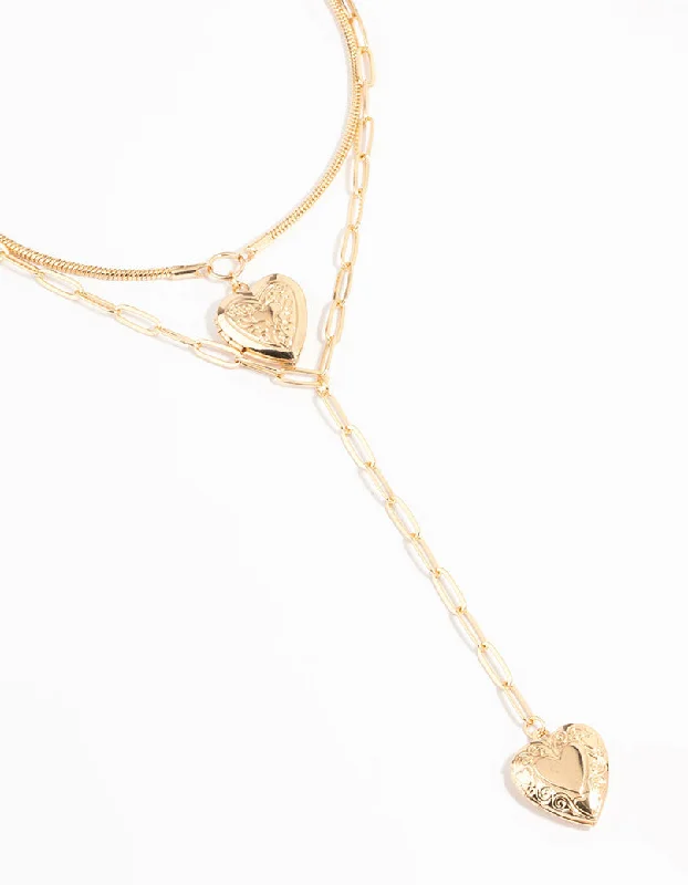 bold necklace for women-Gold Heart Locket Layered Necklace