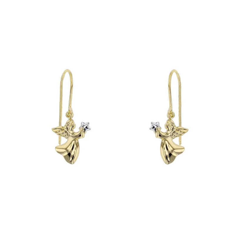 classic earrings for women-Angel Holding Star Dangling Earrings (14K)