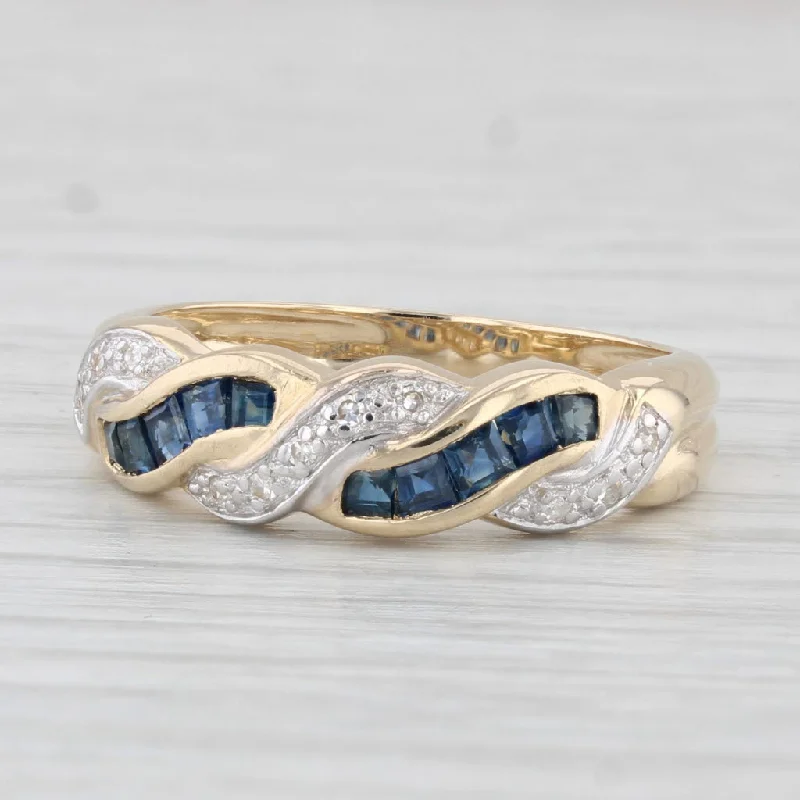 art deco engagement rings for women-0.52ctw Blue Sapphire Diamond Woven Ring 14k Yellow Gold Size 7.5 Stackable