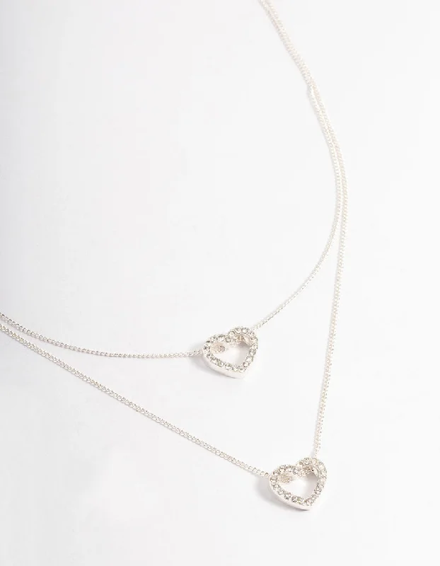 fashion choker necklace for women-Silver Double Diamante Open Heart Layered Necklace