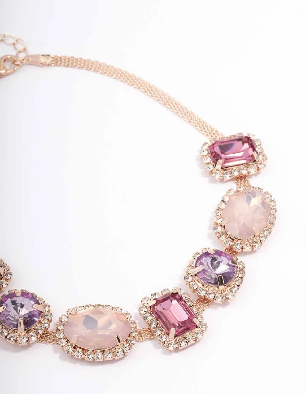 pearl necklace for women-Rose Gold Pink & Purple Stone Choker