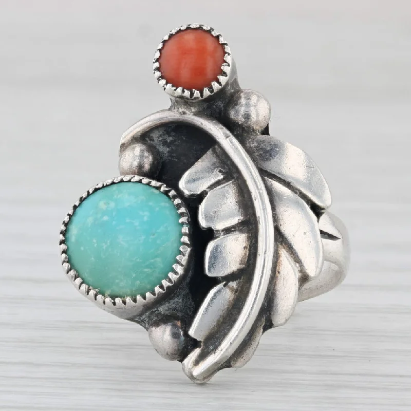 solitaire engagement rings for women-Vintage Native American Turquoise Coral Leaf Statement Ring Sterling Silver