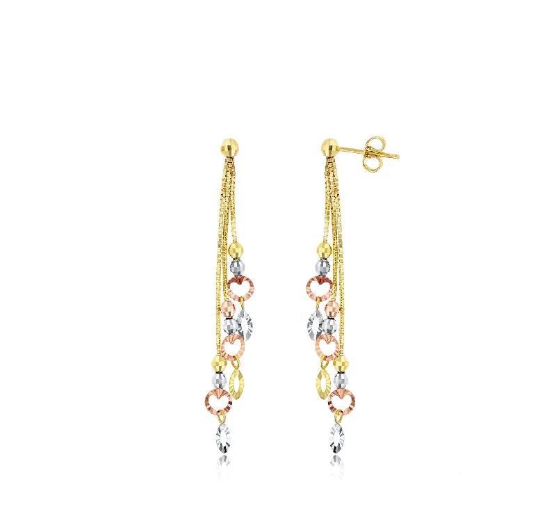 ear cuffs for women-Tricolor Diamond Cut Bead Heart Dangling Earrings (14K)