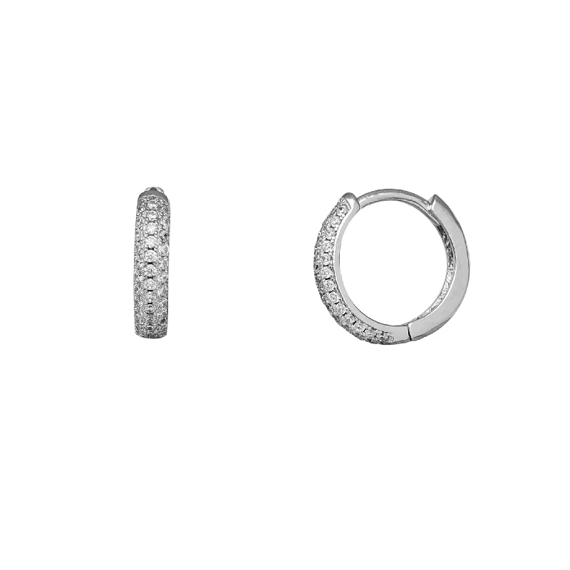 luxury earrings for women-Zirconia Pave Huggie Earrings (Silver)