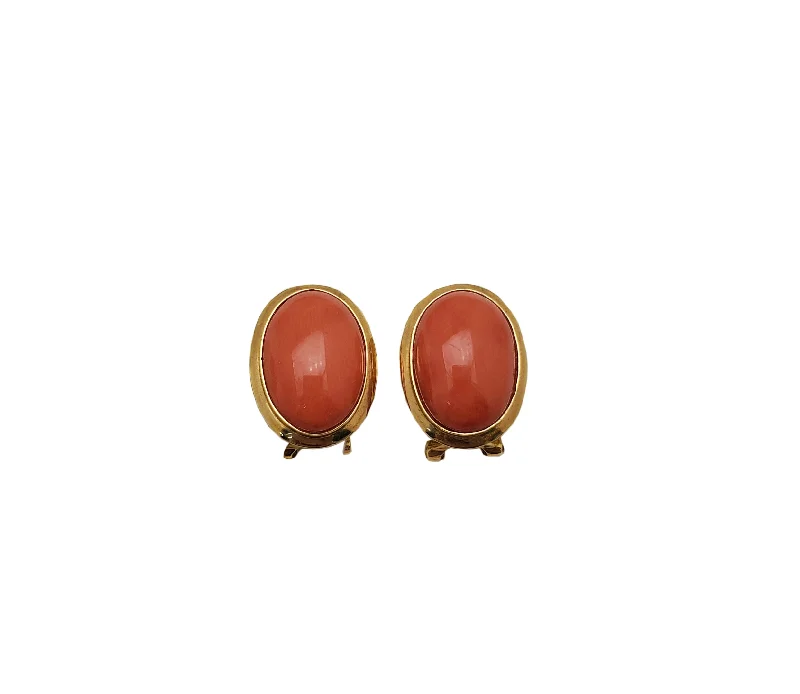 rose gold earrings for women-Oval Red Coral Omega Stud Earrings (14K)