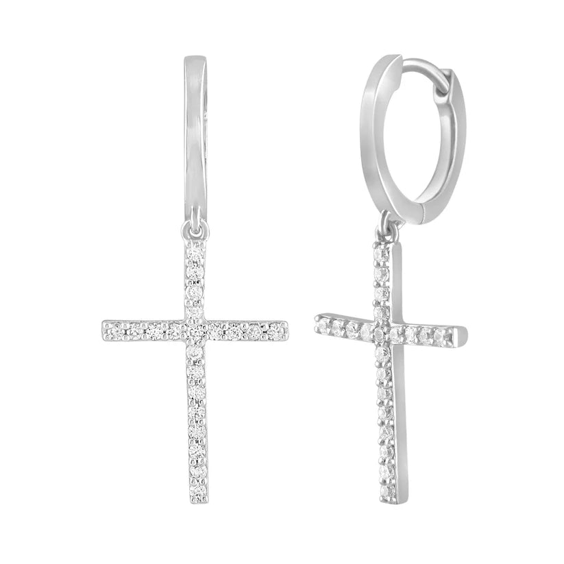 statement earrings for women-Diamond Cross Drop Earrings (14K)